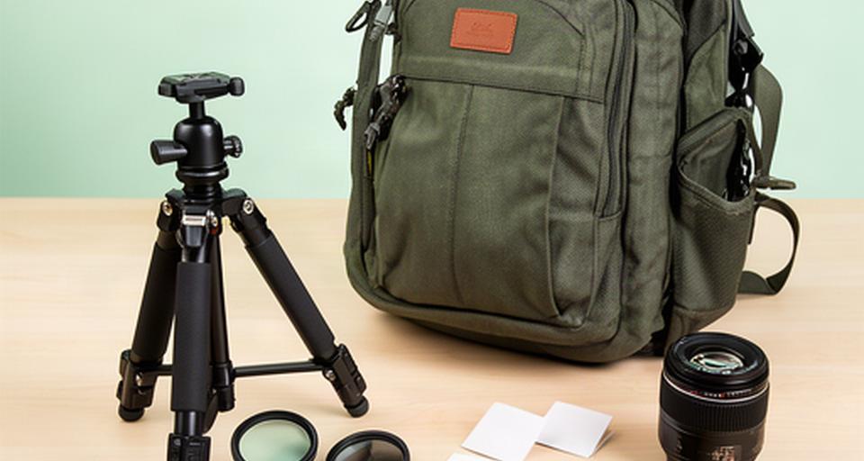 Bodegón de accesorios fotográficos sobre una mesa clara, con trípode, filtros, mochila y tarjetas de memoria