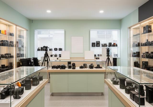 Interior de una tienda de fotografía en Arriaga con cámaras y accesorios en vitrinas