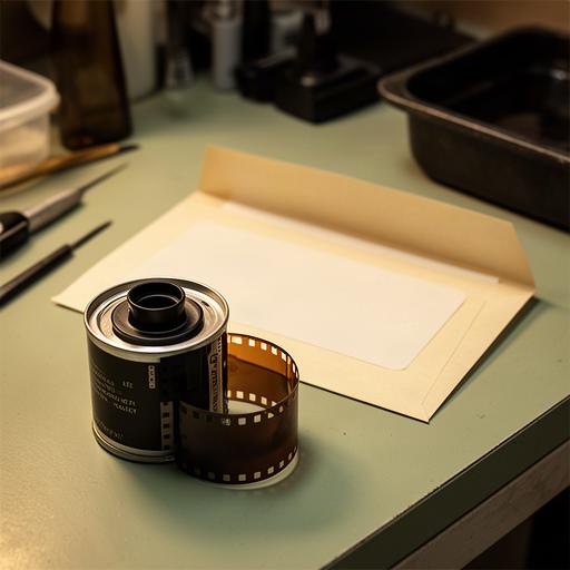 Carrete fotográfico y sobre de revelado identificados en un taller de fotografía