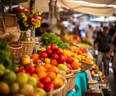 Puesto colorido de un mercado local fotografiado con enfoque selectivo