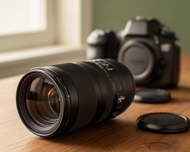 Lente Canon 24-70mm f/2.8 sobre una superficie de madera junto a una cámara profesional
