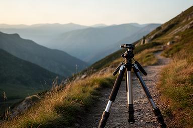 Trípode de viaje ultraligero desplegado sobre un camino de montaña