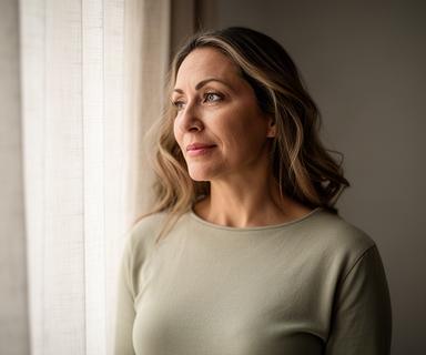 Retrato natural de una mujer junto a una ventana con luz suave