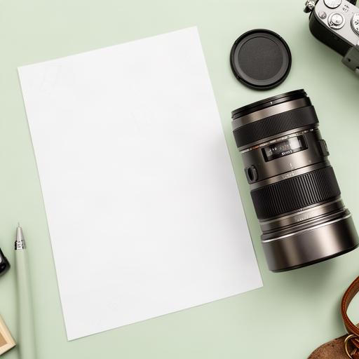 Factura de compra junto a una lente fotográfica sobre una mesa verde clara