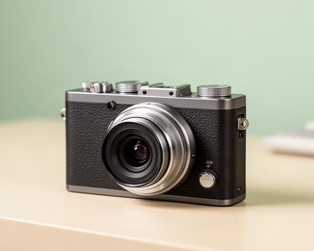 Cámara Fujifilm X-T5 de estilo clásico con dial superior y objetivo fijo en una mesa clara