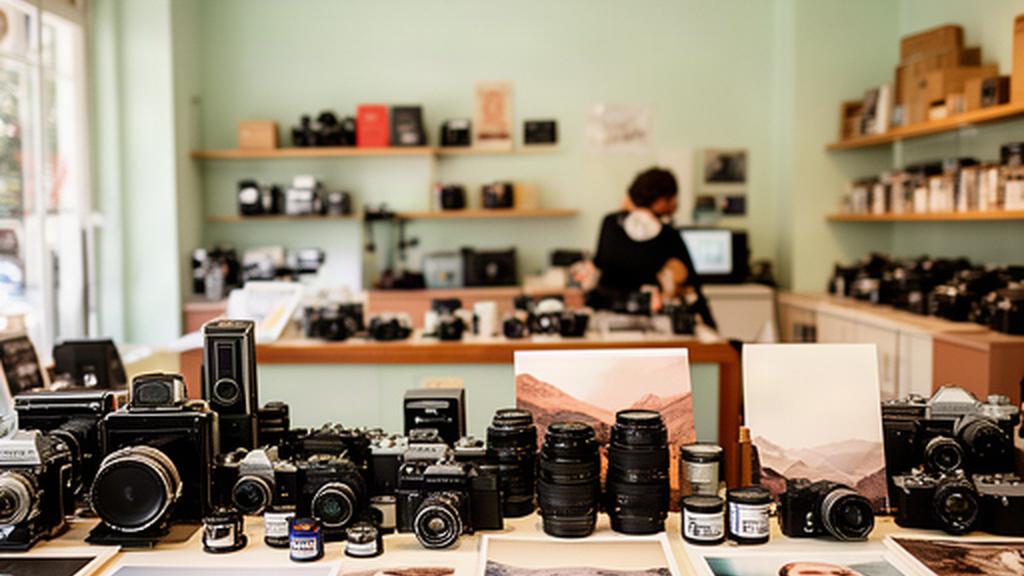 Interior de una tienda de fotografía en Arriaga con cámaras, lentes y copias impresas sobre el mostrador