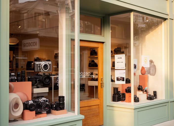 Entrada de una tienda de fotografía de Arriaga con escaparate de cámaras y atención al público