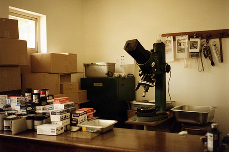 Primera tienda de fotografía de Arriaga en 1998, con ampliadora y cajas de película sobre el mostrador