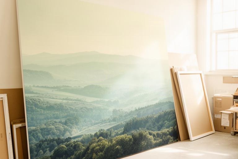 Impresión fotográfica de gran formato apoyada en una pared luminosa del taller
