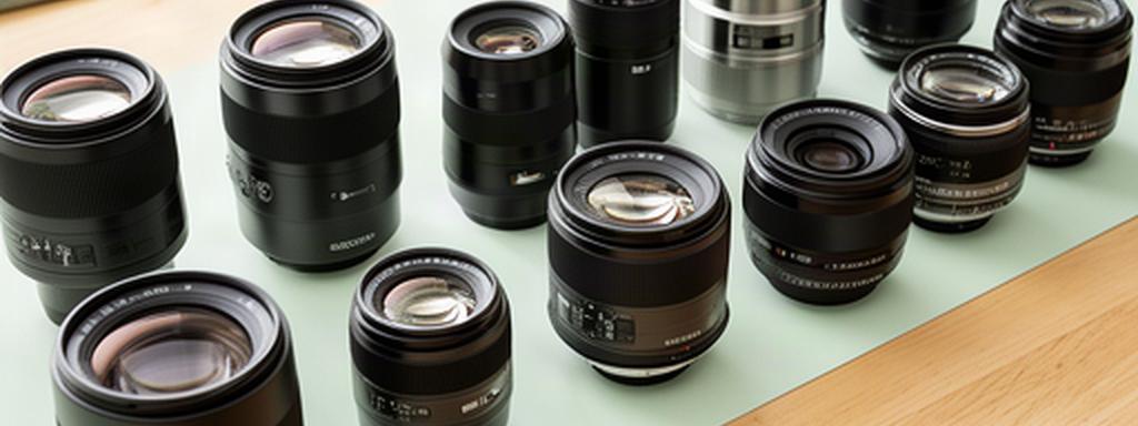 Varios lentes intercambiables ordenados sobre una mesa de trabajo de fotografía