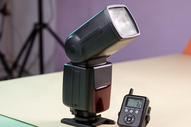 Flash de mano con control inalámbrico sobre una mesa de trabajo fotográfico
