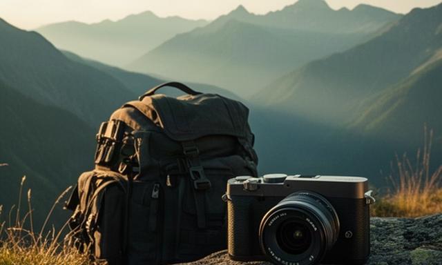 Cámara mirrorless preparada junto a una mochila fotográfica en un paisaje de montaña
