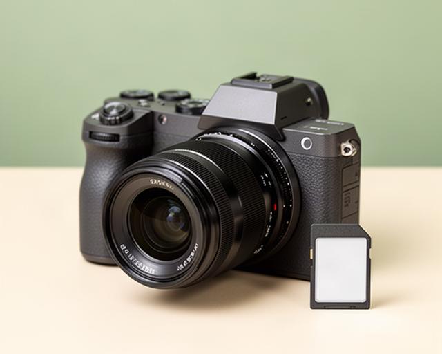 Cámara Sony Alpha 7 IV sin espejo junto a una tarjeta de memoria sobre fondo claro